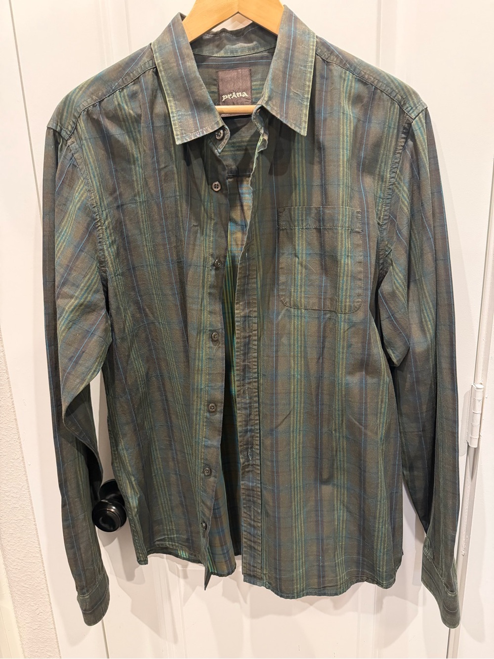 Prana Green and Blue Plaid Long-Sleeve Button-Up Shirt
